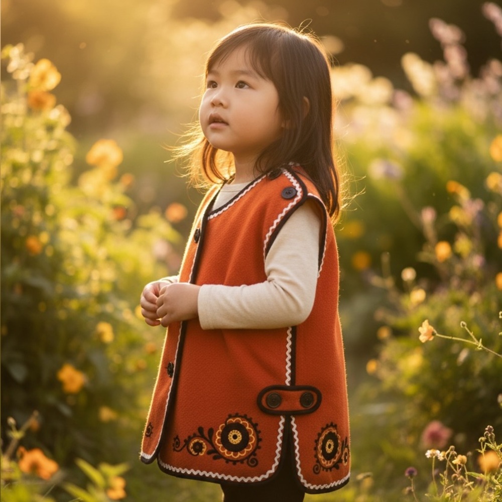 VINTAGE RUSSIAN STYLE KIDS VEST FLORAL ORANGE WOOL EMBROIDERED